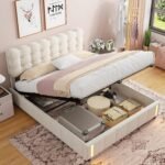 Cama de 160 x 200 cm, cama tapizada con almacenamiento hidráulico, luz con sensor de cuerpo humano, somier de láminas, cama para jóvenes y mayores, terciopelo, color beige
