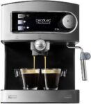 Cecotec Cafetera Express Manual Power Espresso 20. 850 W, Presión 20 Bares, Depósito de 1,6L, Doble Brazo de Salida, Vaporera, Superficie Calientatazas, Acabado en Acero Inoxidable