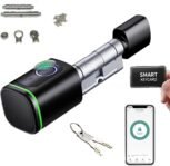 Cerradura con Huella Dactilar, Cilindro Biotech, IP65, con Dos Tarjetas, Dos Juegos de Llaves, con Bluetooth, Apto para Puertas de 35-60 mm Smart Lock Exterior Puerta Electrónica (Negro)