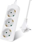 EXTRASTAR Regleta de Extensión con 3 Tomas, Cable 1,5 M Enchufe Plano, para Hogar, Oficina y Viajes, 16A, 250V, 3680W, Blanco