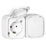 Enchufe Schuko Doble Pared 2x2P+T Enchufe de Superficie IP54 Resistente a Salpicaduras con Tapa – Ideal para Garajes, Talleres, Sótanos o Exteriores (Blanco)