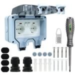 Enchufe de Exterior Estanco IP66 con Doble Interruptor de Conexión, Conector de Cable y Tapa Abatible, para Cocina, Baño, Garaje, Piscina y Jardín (MPG2-GSN, 1 Pieza)