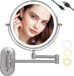 Espejo de maquillaje montado en la pared de 8 pulgadas, ajuste giratorio de aumento de 1X y 10X, ajuste de brillo inteligente, 3 colores de luz (níquel arena-10X)