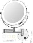 Gospire Espejo de Maquillaje de Pared de 9 Pulgadas con iluminación LED 3 Colores Regulables, Aumento 1X/10X, Doble Cara, Extensible 360°, Giratorio para Afeitar