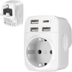 Hoppac Adaptador de Enchufe 5 en 1 para Reino Unido, Adaptador Tipo G con 3 USB A y 1 USB C para Irlanda, Hong Kong, Singapur, Malasia, Malta, Chipre, Qatar y Pakistán, Blanco