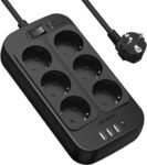 JSVER Tira de Enchufes USB, Protección contra Sobretensión con 6 Tomacorrientes y 4 Puertos USB (5V3.4A) Estación de Carga Inteligente, Cable de Extensión de 2 m – Negro