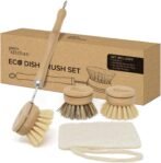 Joeji’s Kitchen Juego de cepillos ecológicos de madera de bambú, estropajo ecológico con cabezales intercambiables, cepillo de limpieza para tazas, platos o cubiertos
