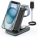 JoyGeek Cargador Inalámbrico, Base de Carga Plegable 3 en 1 para i Phone 17/16/15/14/13/12/Plus/Pro Max, Estación de Carga para Apple Watch Ultra-2, Cargador Inalámbrico Rapida para AirPods 4/Pro/3/2-Negro