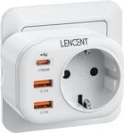 LENCENT USB C Enchufe 4000W, Cargador de Pared con Salida AC (250V/16A) + 3 Puertos USB, Carga Rápida QC3.0+PD20W con Funda Ignífuga para Móvil, Tablet, Apto para Cocina, Oficina, Hogar