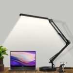 Lámpara de escritorio SKYLEO – Escritorio LED flexible potente con clip y base – Lámpara de escritorio LED con protección para los ojos – 3 modos de luz x 10 niveles de brillo – Negro