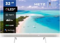 Metz Smart TV QLED Portátil de 32 Pulgadas, 32MQE7100Z Google Television, HD, HDR10, 2x10W Potentes Altavoces Frontales, DBX, Dolby Audio, USB-C, Chromecast, Funciona con Google Assistant, Blanco, 80 cm