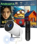 Mini Proyector Portátil con Android 14, Proyector 4K 1080P Full HD Soporte 260ANSI Enfoque Eléctrico, Proyector de Video WiFi 6 BT 5.4, Proyector de Cine 180° Se Puede Girar para TV Stick