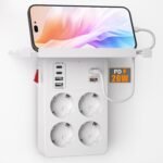 PD20W Thief Tomas con Interruptor, Enchufe Múltiple con Carga Rápida PD3.0 y QC18W, Enchufes de Pared con 4 Tomas y 6 Cargadores USB, Adaptador de Enchufe Alargador Tipo C con Estante, Blanco