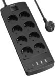 POWSAF Base de Enchufe con USB, Regleta de 8 Tomas y 4 Puertos USB, Regleta múltiple con Interruptor Seguro para el hogar/Oficina, Negro