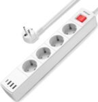 POWSAF Regleta de 4 tomas con 4 puertos USB, máx. 4000 W y 16 A, con toma USB-C, soporte de pared, interruptor, para teléfonos inteligentes, portátiles, blanco.