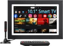 Pequeño televisor de cocina inteligente de 10,1 pulgadas con antena ATSC, aplicaciones de TV integradas, calendario, marco de fotos digital y videollamadas, mini diseño portátil para el hogar