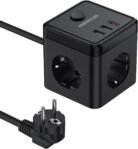 Regleta Cube con USB, Equipada con 3 Tomas AC, 2 USB y 1 Tipo C (PD 20W), con Interruptor, para Familia, Cocina y Oficina, Cable 2M Negro