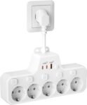 Regletas Tomas Protección Contra Sobretensiones, Tomas Ladrón con Interruptor, 5 Tomas con Carga Rápida USB PD20W, Base Múltiple Toma Independiente Interruptor, Enchufe Pared Cable Corto, Blanco