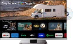 SYLVOX Smart Camping Travel TV de 22 pulgadas (55 cm), reproducción de DVD integrada, 12 V Google TV Full HD 1080P sin bordes, triple sintonizador DVB-T2/S2 para caravanas, camping y camiones