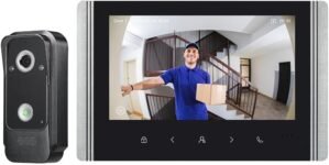 Sistema de videoportero con cable con pantalla a color IPS de 7 pulgadas, timbre con video HD 1080P y cámara de 2 megapíxeles compatible con desbloqueo, intercomunicador bidireccional