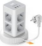TESSAN Regleta Enchufes con USB C, Regleta Vertical 11 en 1 con Interruptor, Enchufe de Extensión de Torre con Cable de Extensión Retráctil 2M, 2500W para el Hogar, Cocina
