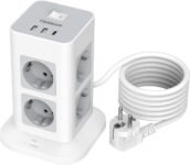 TESSAN Regleta Múltiples Tomas Protección Contra Sobretensiones, Tomas Torre Verticales 8 Tomas con 1 USB C, Cable Alargador 2M, Regleta USB con Interruptor para Hogar, Oficina, 3600W, Gris
