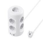 Tomas Regleta con USB C, Enchufe Múltiple 12 en 1 (9 AC y 3 USB), 3680W/16A, Tomas Regleta Protección contra Sobretensiones, Tomas Verticales Torre 2M con Interruptor para Mesa, Oficina, Hogar, Blanco