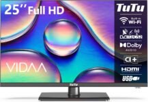 TuTu Smart TV TV WiFi FHD de 25 pulgadas con pantalla LED, LAN, App Store, sintonizador digital, soporte central, Prime Video, Netflix, Youtube, DAZN, Disney+, Pluto TV y más