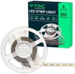 V-TAC Tira LED 5 Metros 8W SMD 3528 – Blanco Neutro 4000K – Interior con Cinta Adhesiva y Flexible para Habitación – Alimentación 12V