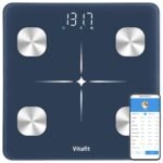 Vitafit Bascula de Baño, Alta Precisión de 0,05kg por Nuestra Fábrica Profesional Desde 2001, Bascula Grasa Corporal y Muscular Inteligente App 13 Composición de Corporal Peso IMC, 180kg, LED, Azul