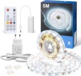 WOBANE Tira LED Blanco Frío 6000K, Tira de Luces LED 5 Metros con Control Remoto Ajustable, Cinta de Luz LED Adhesiva con Enchufe para Cocina Dormitorio Habitación