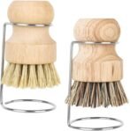 XTDMJ Paquete de 2 cepillos de palma de bambú con 2 rejillas de drenaje, cepillo de lavado de madera para platos, ollas, sartenes, fregaderos de cocina, limpieza para lavar platos, ollas, sartenes y