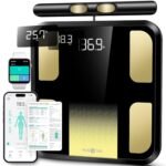 runstar Báscula de baño de peso corporal y grasa, 8 electrodos IMC y masa muscular, monitor corporal de alta precisión con 28 medidas, aplicación y pantalla de 3 calibres